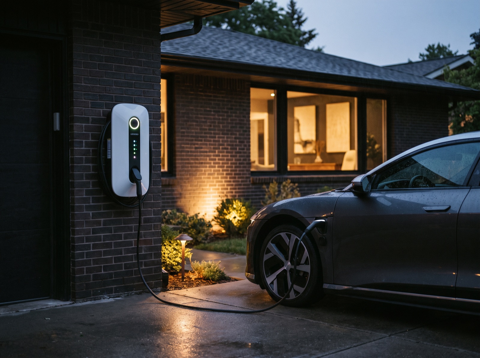 An EV charging at a modern home at dusk