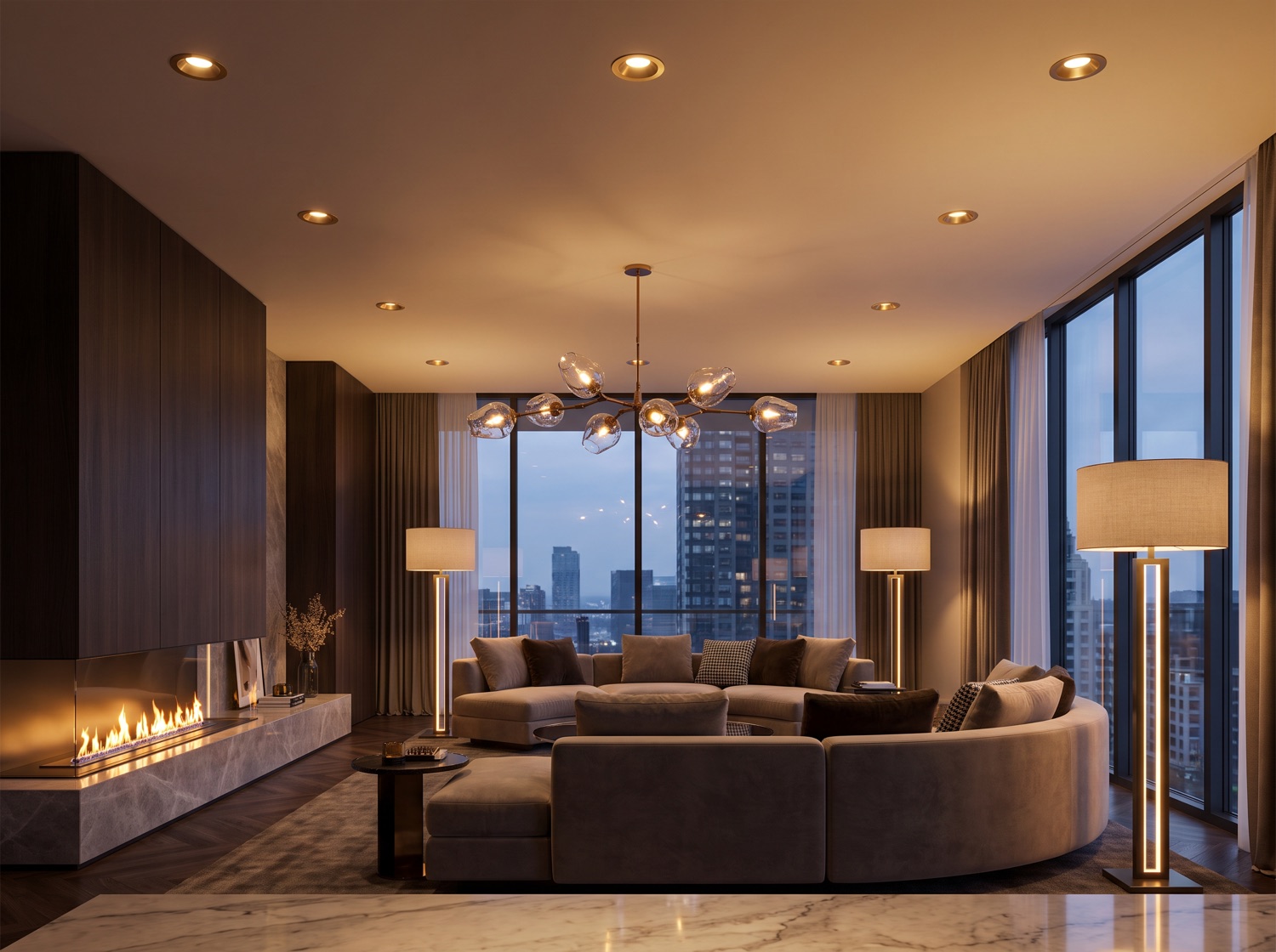 Warm modern recessed lighting in a living room